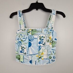 Francescas Blue White Lemon Tile Print Smocked Crop Top Crochet Trim Small